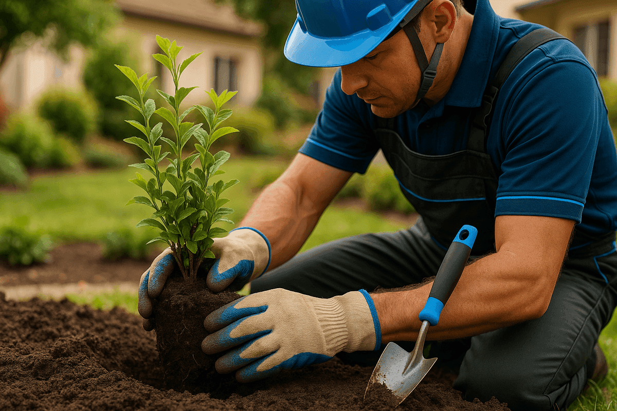 Close-up of landscaper’s gloved hands planting a young shrub in rich soil