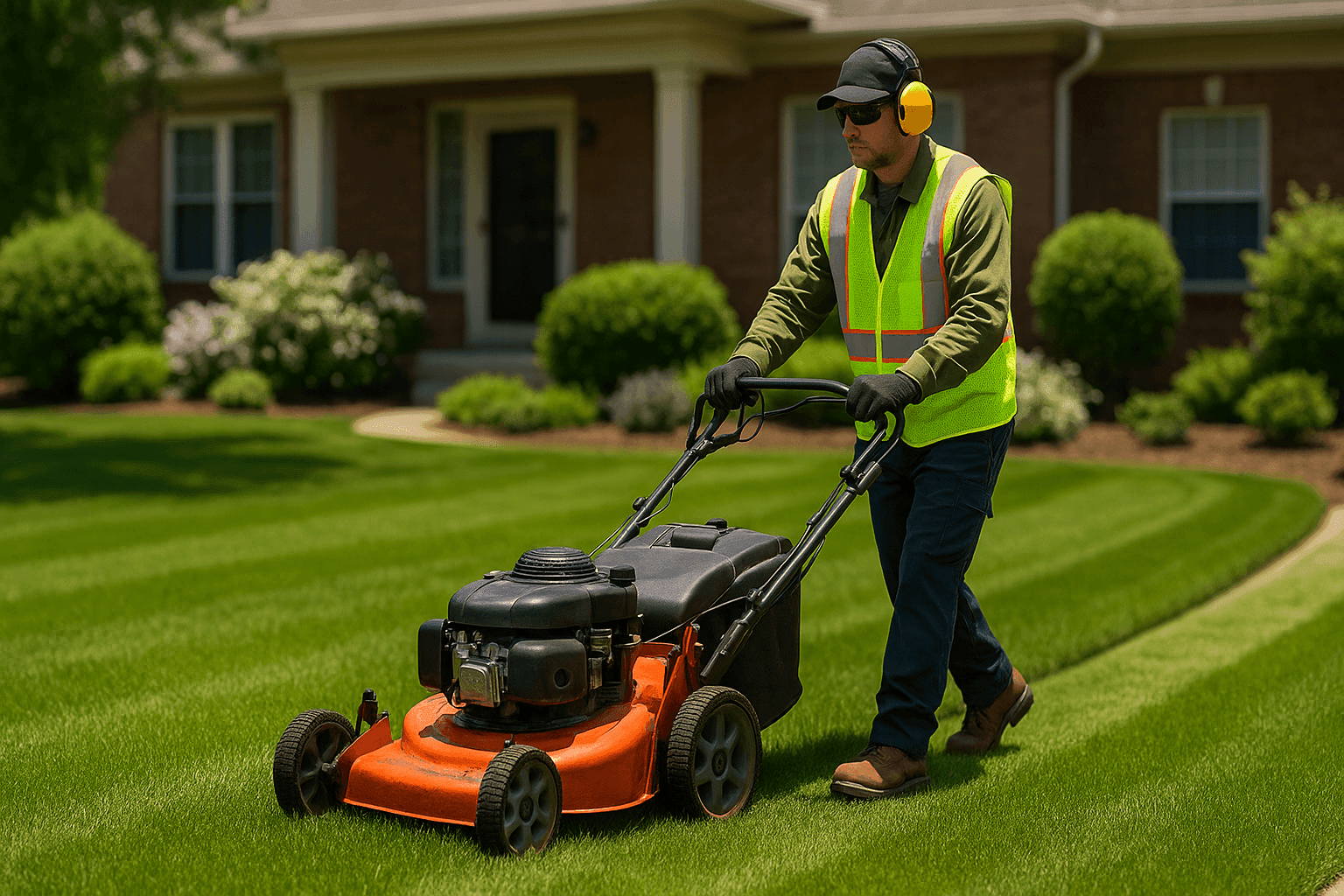Lawn care professional tending to a healthy green lawn with landscaping tools