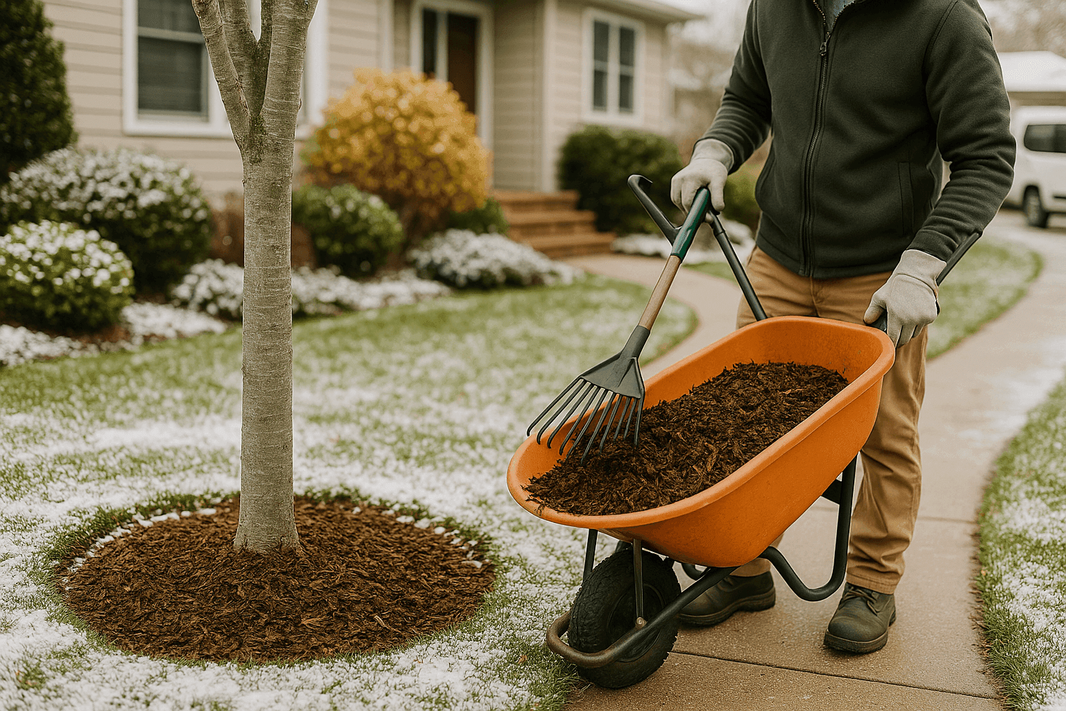 Propietario preparando camas de jardín y árboles para el invierno con mantillo y medidas protectoras