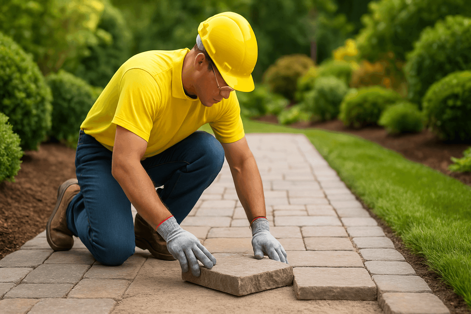 Professional installing stone walkway in landscaped yard